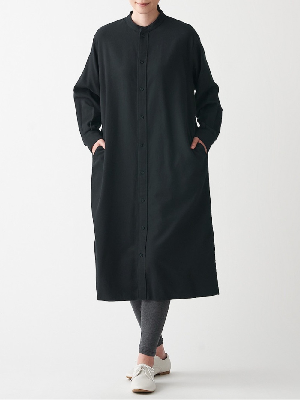 Muji Midi Shirt Dress XS S Navy Button Front 100% Cotton Long Sleeve Oversized
